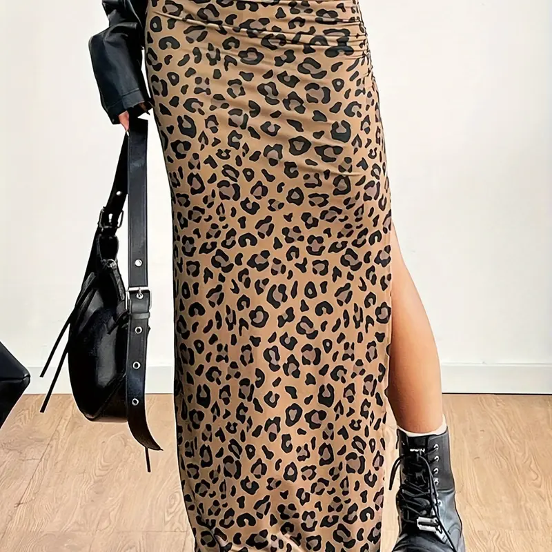 Women's Soft Stretchy High Waisted Leopard Print Ruched Bodycon Maxi Skirt, Womenswear – Loungewear Long Skirt for Home Daily Wear Comfortable Lounge Skirt Side Slit Comfy Indoor Wear Streetwear Long Skirt, Trendy Flirty Skirt, Casual Fashionable Skirt