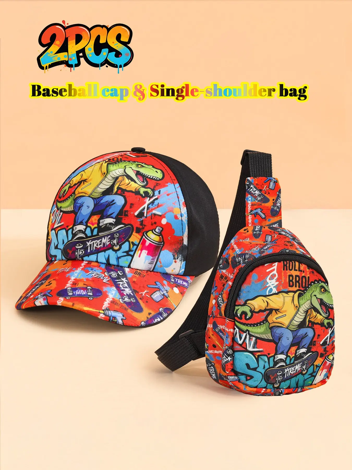 2PCS Boys' Baseball Cap & Crossbody Sling Bag Set, Caps with designs, Dinosaur Skateboard Graffiti Print Sun Hat, Dinosaur Skateboarding Graffiti Print Crossbody Purse, Suitable for Spring & Summer Travel, Street Style, Ideal Gift for Kids