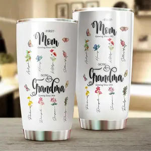 First Mom Now Grandma Birth Flower 20oz Tumbler Cup, Personalized Grandma Garden Stainless Steel Travel Mug, Mothers Day Gift