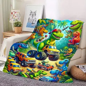 Soft Polyester Cozy Dinosaur Truck Flannel Throw Blanket - Versatile for All Seasons, Perfect for Naps & Car Use, Christmas gifts birthday decorations,The Best Gift For Children,The Best Gift For Kids