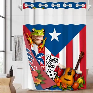1PC 2D Flat No Hooks Double Layer Shower Curtain, Puerto Rico Coqui Frog Floral Print Waterproof Fabric, Tropical Cultural Style Home Decor, Puerto Rico Lovers, Hotel Bathroom Accessory, Clear Top Window, Detachable Liner, Home Bathroom Room Divider