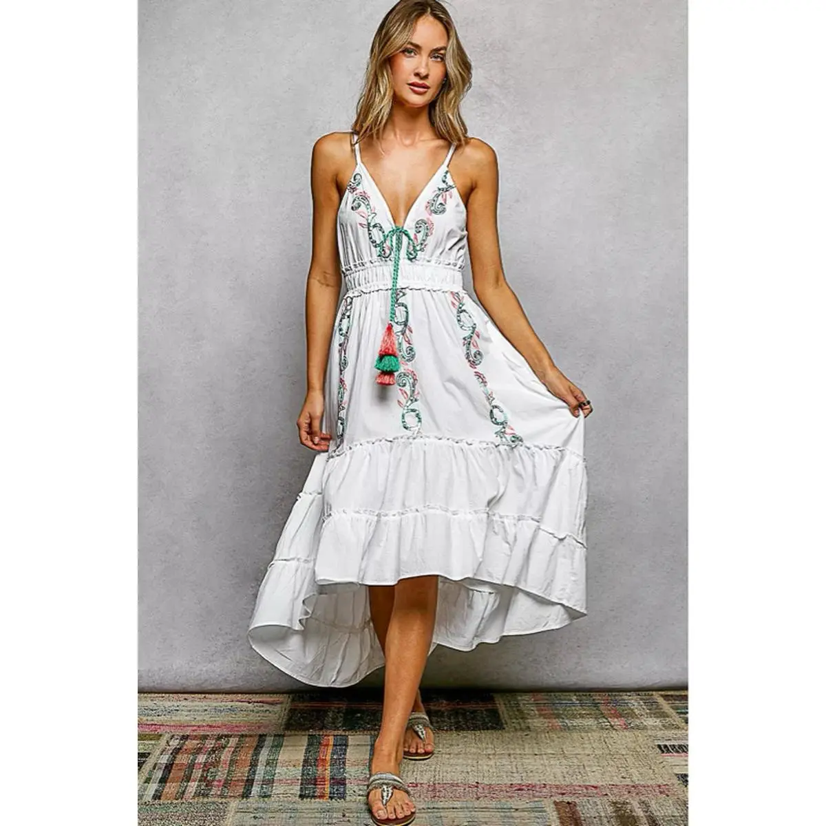 POL Embroidered Detail Tassel Tie Smocked Waist Midi Tiered Cami Dress in Ivory 100% Cotton V-neck Sleeveless Relaxed Fit