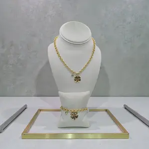 Rolo Link Chain and Bracelet set with zirconia and trebol charm