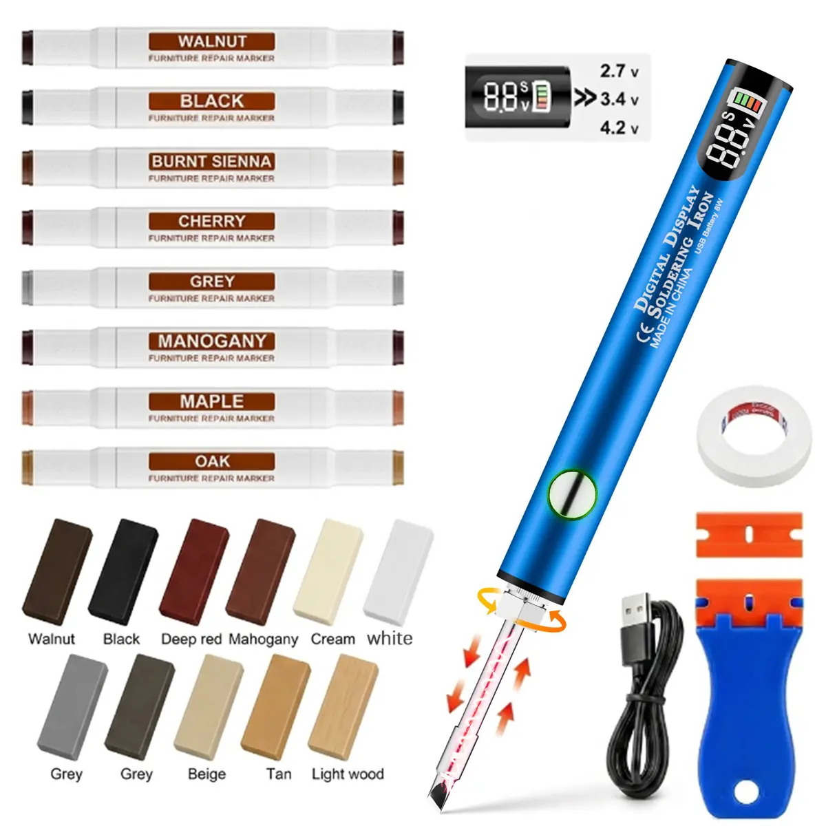 Laminate & Vinyl Floor Repair Kit with Wax Melting Pen, Wood Furniture Scratch Repair Markers & Hard Wax Filler for Floors, Cabinets, Tables,Wood touch up markers,wood floor repair kit,510 thread