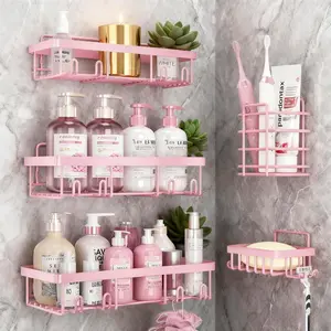 Pink Bathroom Accessories 5-Pack Rust-Proof & Waterproof Shower Rack No Drilling Required Stick-On Storage Rack with Toothbrush & Soap Holder Large-Capacity Minimalist Design，home decor，Black Friday Deals screw-free mounting farmhouse wall