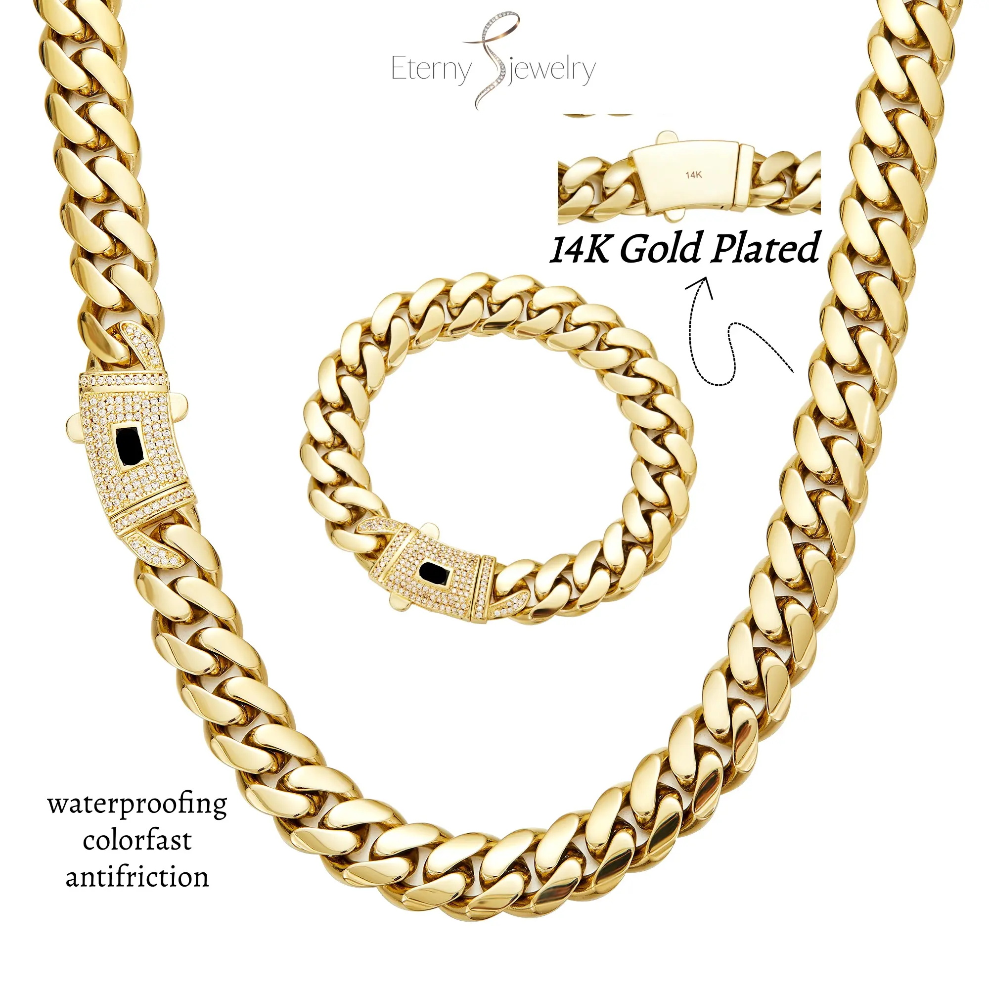【Completely Upgraded】14K Real Gold-Plated Cuban Chain Necklace and Bracelet Set New Anti-Rust Technology Comfortable to Wear and Non-Allergi Miami Thick Stainless Steel Chain and Diamond Clasp Unisex Width 6-8MM Timeless Shine Gift for Menoutdoorfun