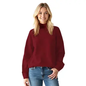 Colisco 100% Pure Mongolian Cashmere Turtleneck Sweater - Ivory & Burgundy Ribbed Cuffs & Hem Long Sleeve Casual Elegant Knitwear Tops