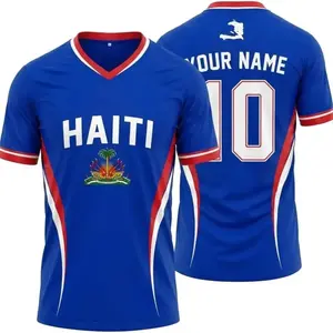 Haiti #2 WC 2026 Football Fan Jersey, Haiti National Team Inspired Graphic Jersey, Haiti Flag Soccer Supporter Jersey, Caribbean Streetwear Football Jersey, Blue Red Haiti Coat of Arms Palm Tree National Emblem Print Graphic, Retro Caribbean Country Pride