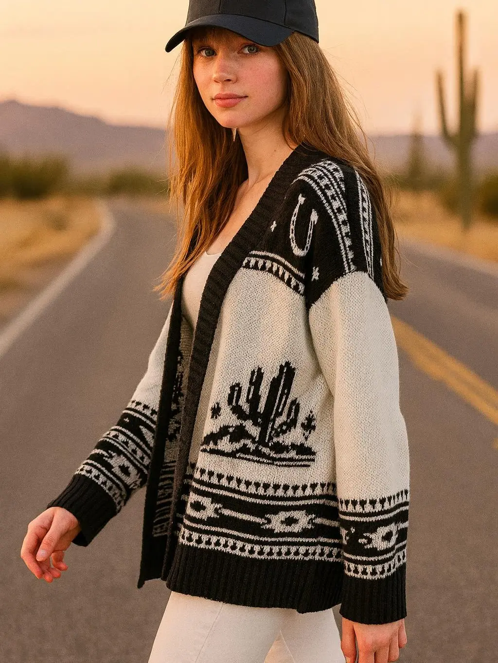 Original USA Women's Shawl Collar Cardigan with Western Rodeo Graphic, Long Sleeve Button-Up Knitwear, Longsleeves, Casual, Tops, Lady, Western Theme, Cold Wash, Low Iron, Everyday Wearability, Western Boho