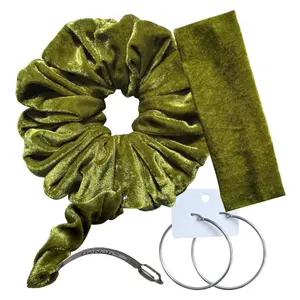 DeNob 4-in-1 Army Green Velvet Hair Scrunchie Set Soft Velvet with Gentle Sheen Includes XXL Scrunchie Headband Barrette & Silver Hoop Earrings for Stylish Hair Accessory