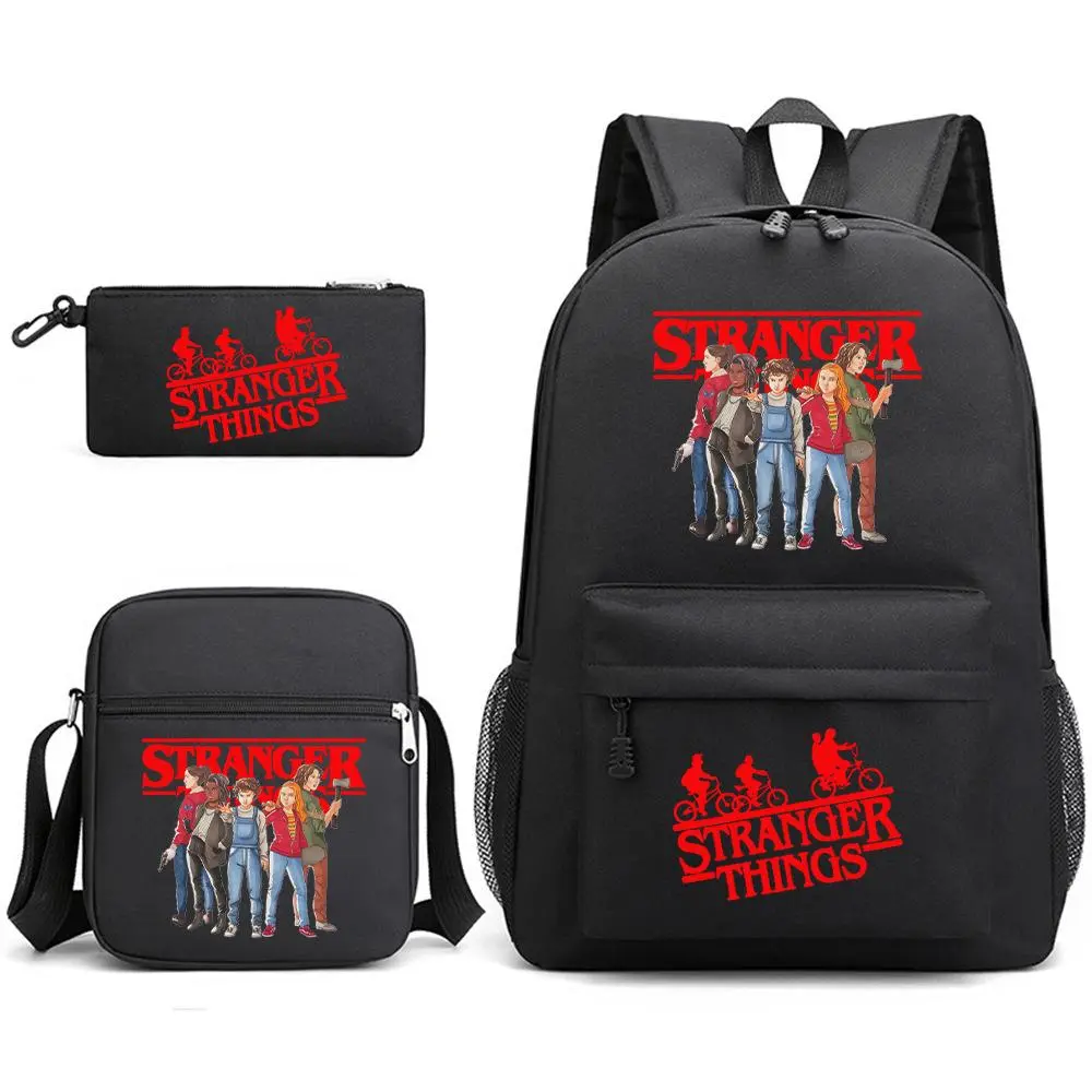 Stranger Things Classic Character Print 3 Piece School Backpack Set Black Basic Color Matching Lunch Bag And Pencil Case Durable Water Repellent Nylon For Teen Boys And Girls