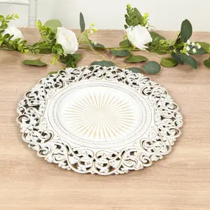 6-Pack Acrylic Charger Plates 13" Round Antique White with Vintage Floral Carved Rim - Event Tabletop Decorative Charger Tableware
