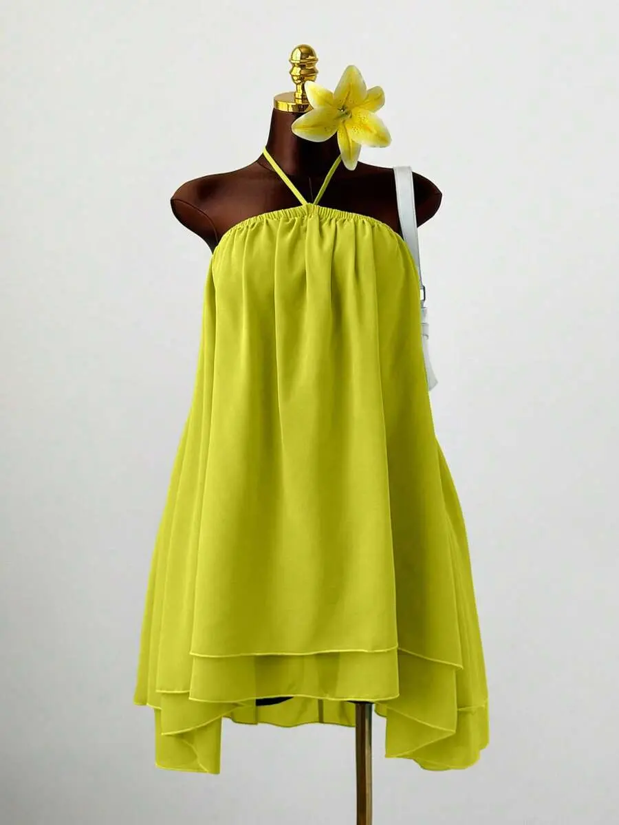 WORPRO Plus Size Summer Vacation Elegant Romantic Birthday Chiffon Halter Neck Tie Shoulder Cold Shoulder Flared Romantic Dress Evening Party Dress French Sexy Style Sleeveless Cinched Waist Sophisticated High-End Petite Short Dress