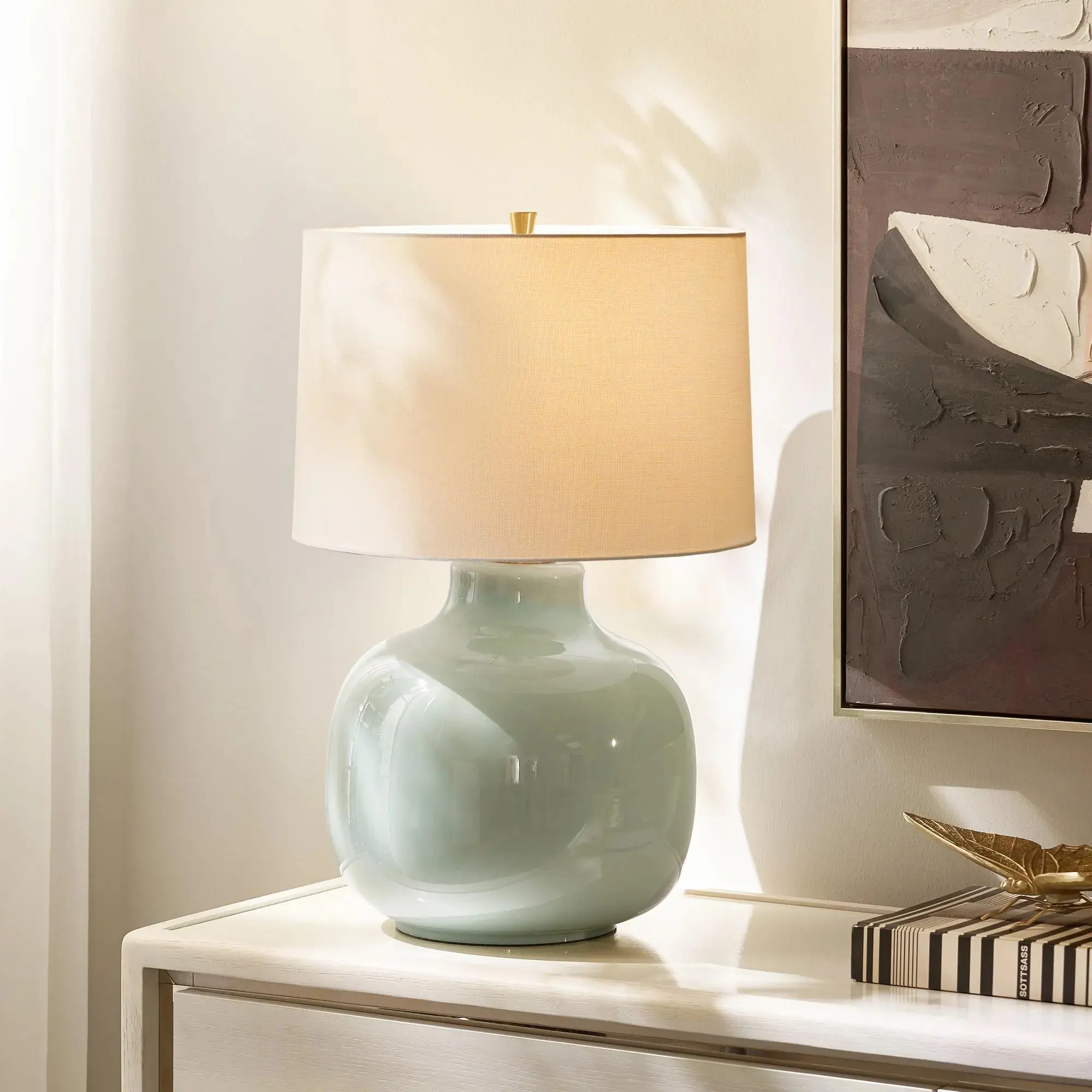 Z Gallerie Blair 25" Sea Glass Glass Table Lamp - Antique Brass, Round Base, Turn-Key Switch - Indoor Home Improvement Lighting Fixture, Room Lighting