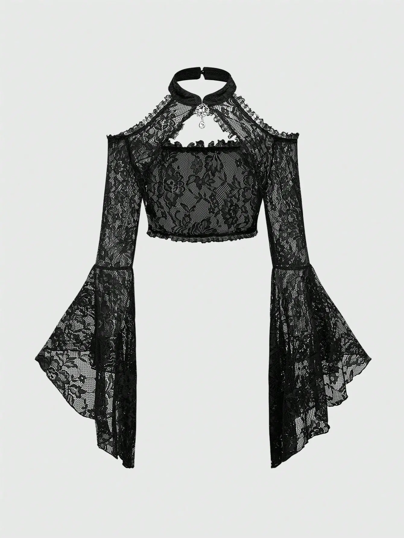 LALUZ Elegant Lace Off Shoulder Top Black Flare Sleeve Gothic Carnival Party Summer Going Out Fashion
