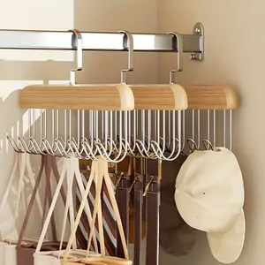 6pc Heavy Duty Wooden Belt Hanger for Closet, Space Saving Tank Top Organizer with Metal Hooks, Wave Design Bra Hanger for Scarf Tie Hat Underwear, Durable Wardrobe Accessories for Home Dorm Boutique, High-Quality Eco-Friendly Wood Storage Rack