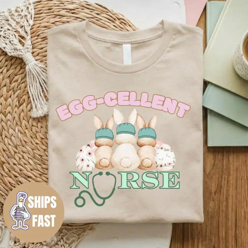 Women's Comfy Cute Easter Bunny Pastel Fit Nurse T-Shirt - Breathable Cotton