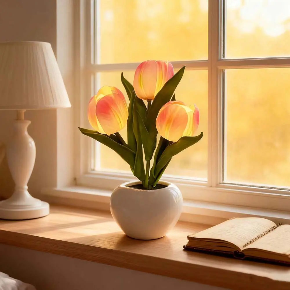 Artificial Tulip Flowers LED Table Lamp with Vase - Decorative Light Decor, Aesthetic Room Decor, Mood Lighting, Cozy Table Lamp for Living Room, Birthday Party Centerpieces