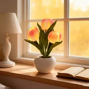 Tulip Flower Table Lamp LED Night Light for Home Living Room Decor Artificial Flower with Vase Table Centerpieces for Birthday Holiday Party Wedding Room Decoration