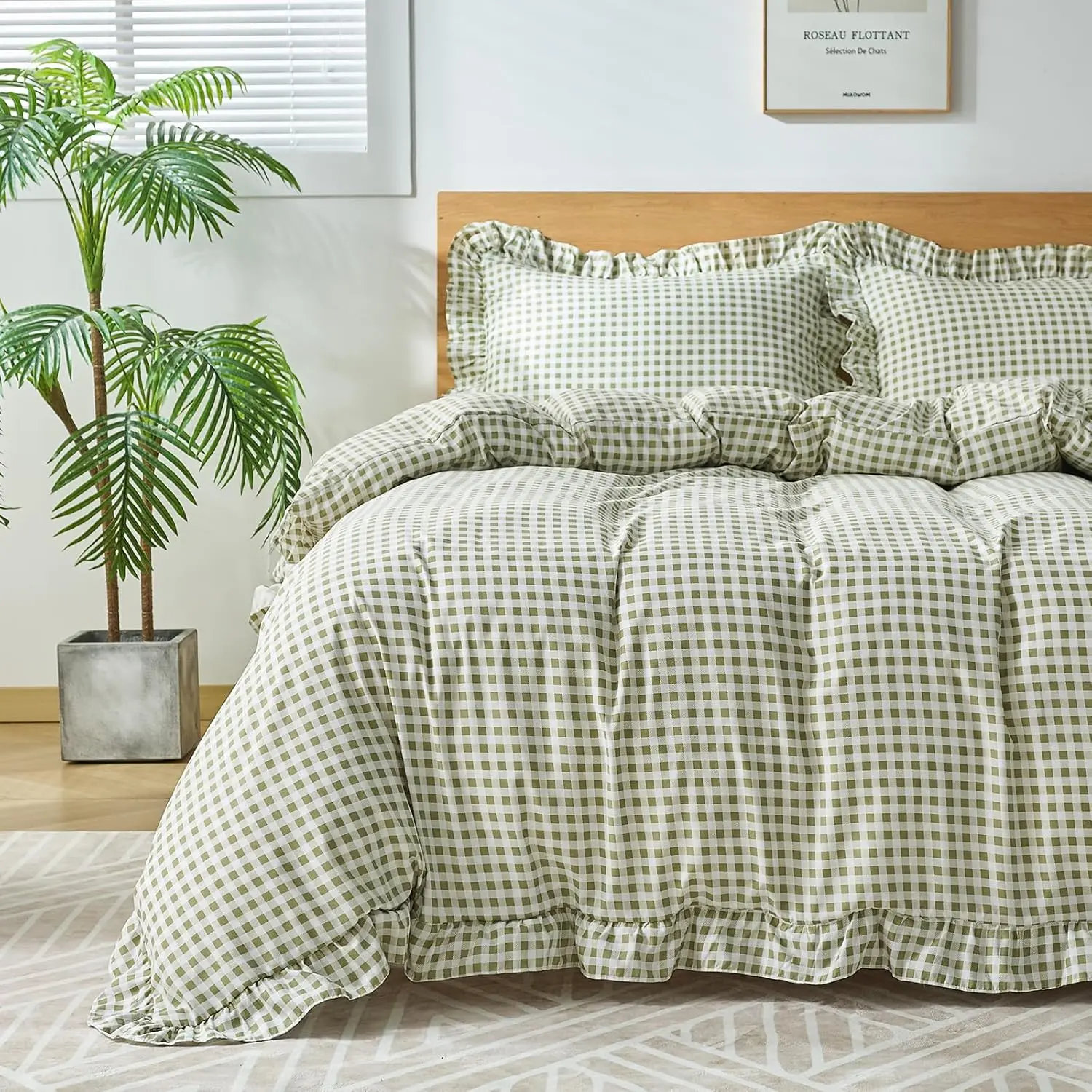 3 Pieces Soft Breathable Microfiber Plaid Comforter Cover with Zipper Closure & 2 Pillow Shams, Ruffle Farmhouse Vintage Decor, Sage Green