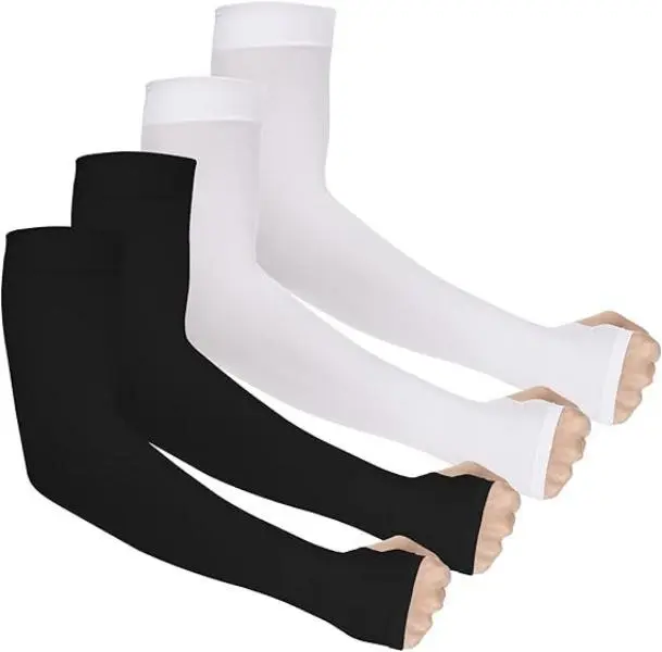 UV Sun Protection Arm Sleeves (2 Pair-Black, 2 Pair-White-Grey) - UPF 50 Compression Cooling Sleeves for Men, Women, Tattoo Cover Up, Sports Performance Support