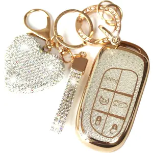 Key Fob Cover with Diamond Keychain for Women, Car Key Holder Compatible with Jeep Grand Cherokee Renegade Dodge RAM Durango Challenger Chrysler Protector, 5 Buttons (White-Heart)