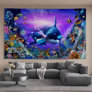 Party Decoration Tapestries Orcas and colorful fish in a vibrant coral reef Popular Home Decor Suitable for living rooms