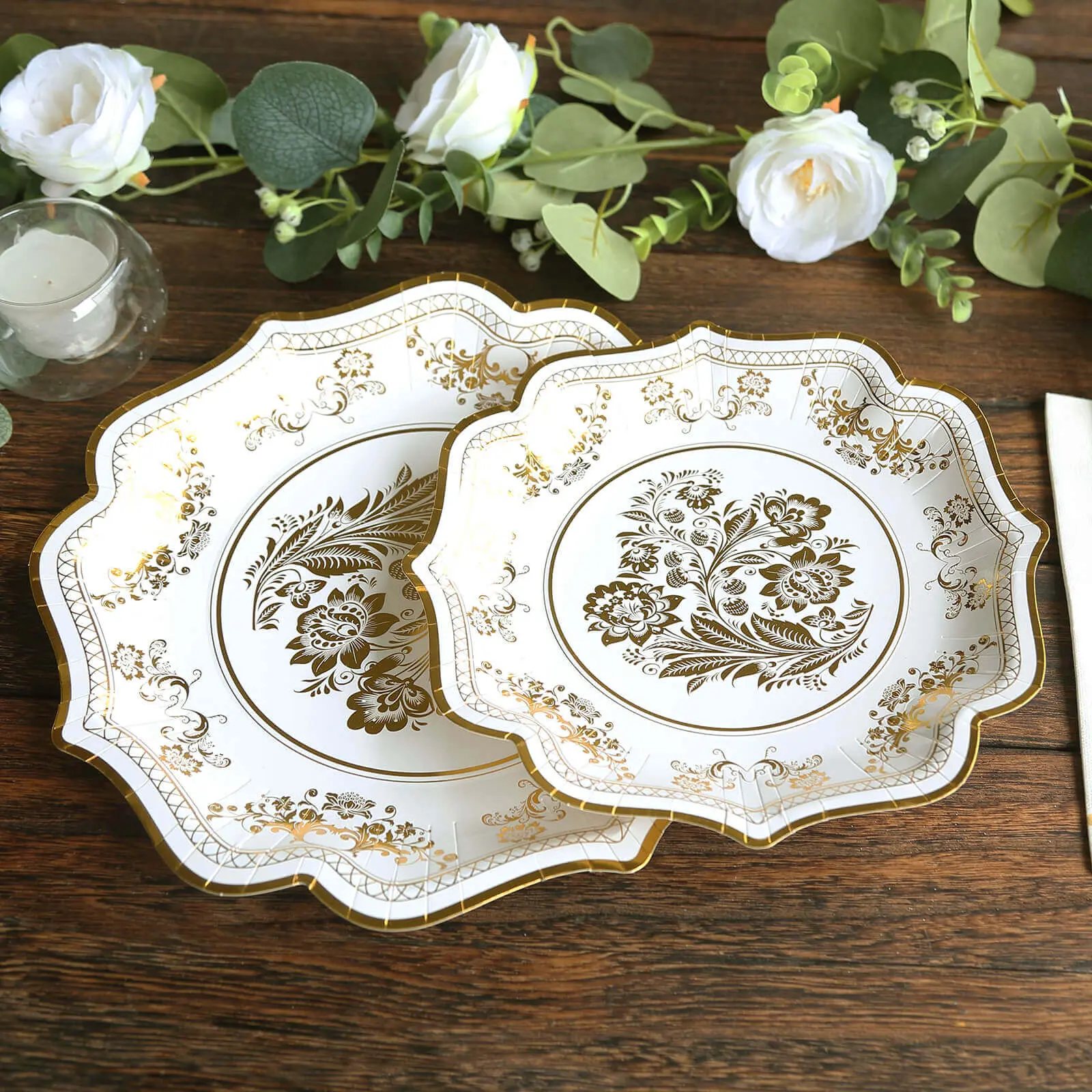 25-Pack Paper Dessert Plates 8" White with Gold Damask Floral Print & Scallop Rim - 300GSM Disposable Floral Salad Appetizer Plates for Chic Weddings