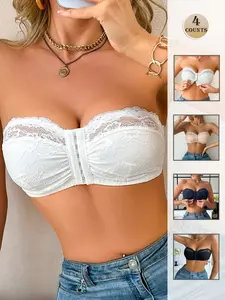 Women's Lace Patchwork Bralette Set, Strapless Front Buckle Design, No Underwire Comfortable Top, Ideal for Everyday Wear & Layering
