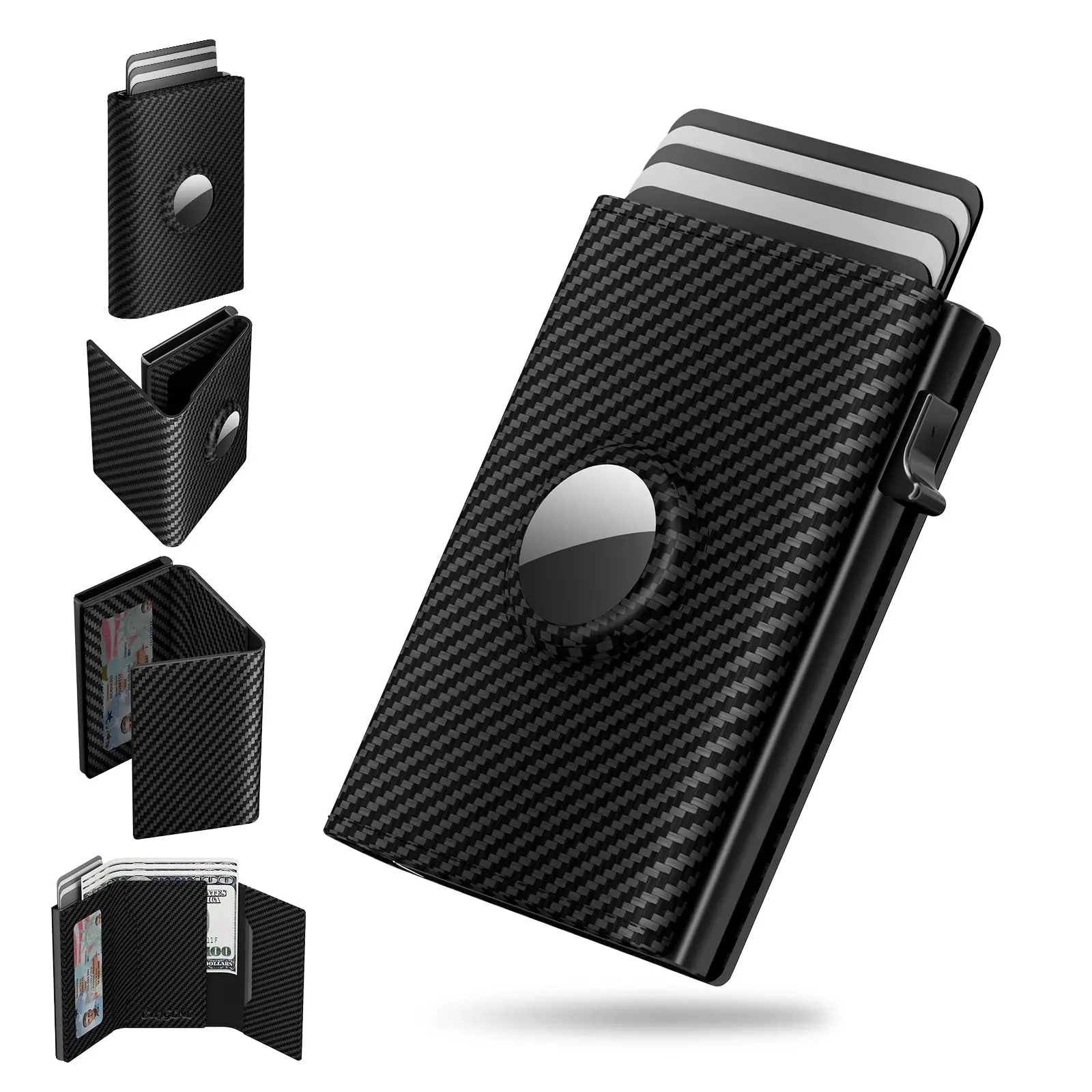 Men's Slim Fit Leather RFID Blocking Minimalist Aluminum Metal Wallet - Carbon Fiber, 6-9 Card Capacity, ID Window, Cash Slot, Business Fashion Accessory, Gift for Men, Minimalist Wallets, Mens Wallet