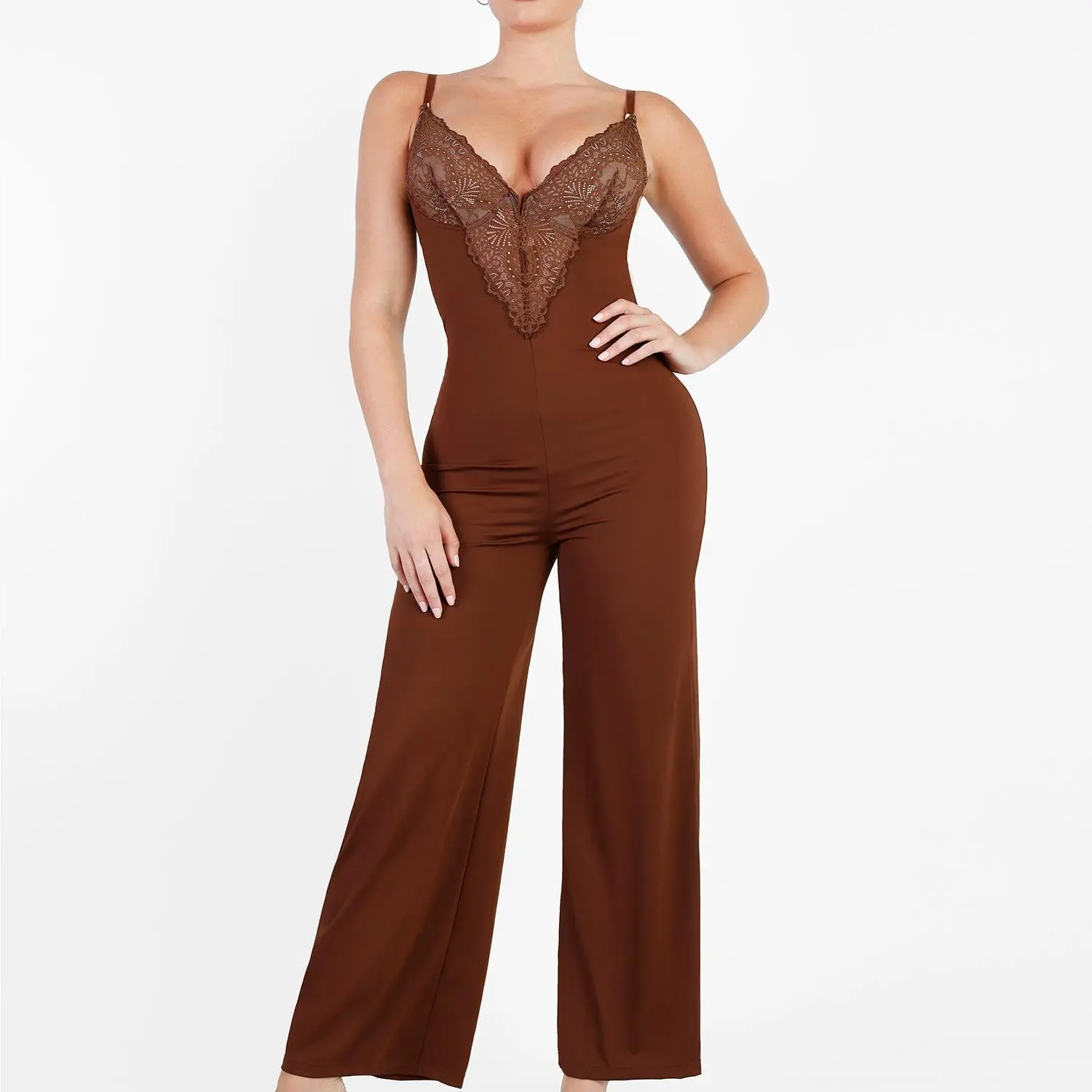 Wide-Leg Jumpsuit-Brown