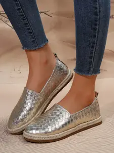 Plaid Straw Slip-On Fisherman Shoes, Leather, Metal Plaid + Straw Trim, Soft Sole, Comfortable for Daily Wear & Commuting, Lazy Person's Choice