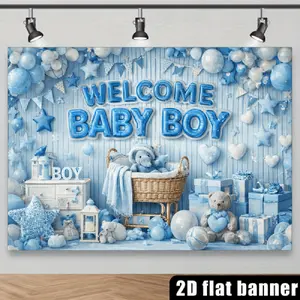 2D Flat Banner Polyester Photography Backdrop, HD Digitally Printed Blue and White Balloons, Stars, Gifts, and Teddy Bear Theme Background Cloth, ideal for Celebration Events, Festive Party Decorations, Photo Booth Displays, Studi