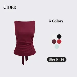 Cider [5 colors, size 0-10] Linen-blend Boat Neckline Solid Bowknot Tank Top