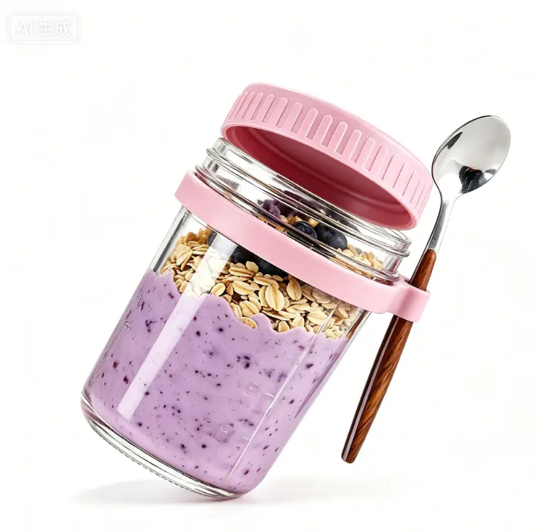 16 oz Overnight Oats Jar with Lid and Spoon, Leak-Resistant Glass Breakfast Container with Built-In Spoon Holder, Reusable Meal Prep Cup for Oatmeal, Yogurt, Cereal, Fruit, Snacks, Work, School and Travel