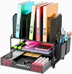 Desk File Organizer with Sliding Drawer Metal Mesh Double Tray 5 Upright Section Sorter and 2 Pen Holder Black