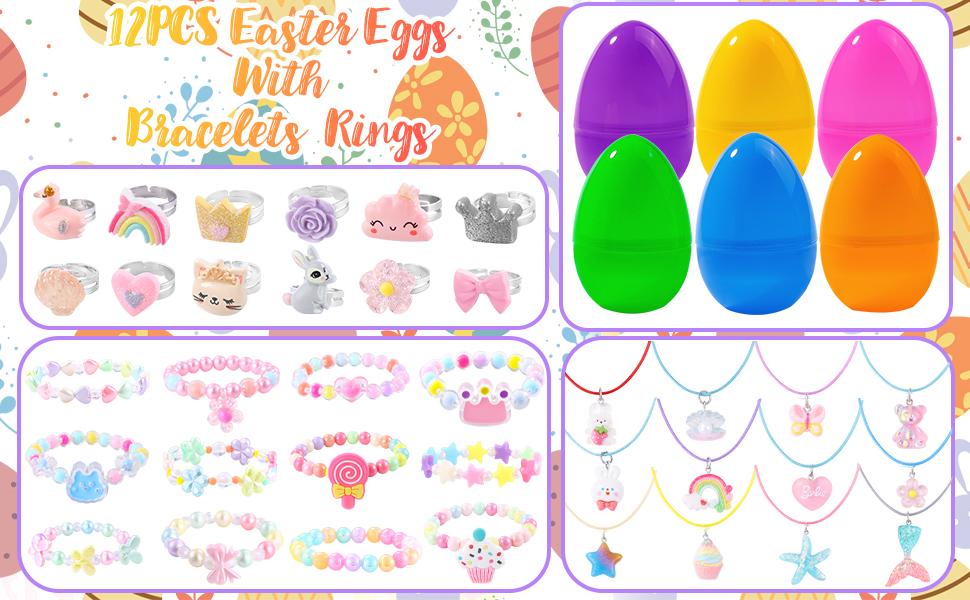 12 Pack Prefilled Easter Eggs with 36 pcs Cute Bracelets Necklaces Rings Easter Basket Stuffers Egg Fillers for Girls Party Favors Kids Toddler Presents