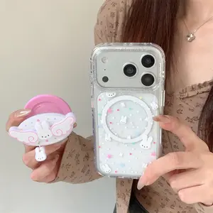 Glitter Camera Cute Miffy Rabbit Magnetic Phone Case for iPhone 17 Pro 14 13 15 Max 16 Pro Max Cover With Magsafe Wing Stand Cas