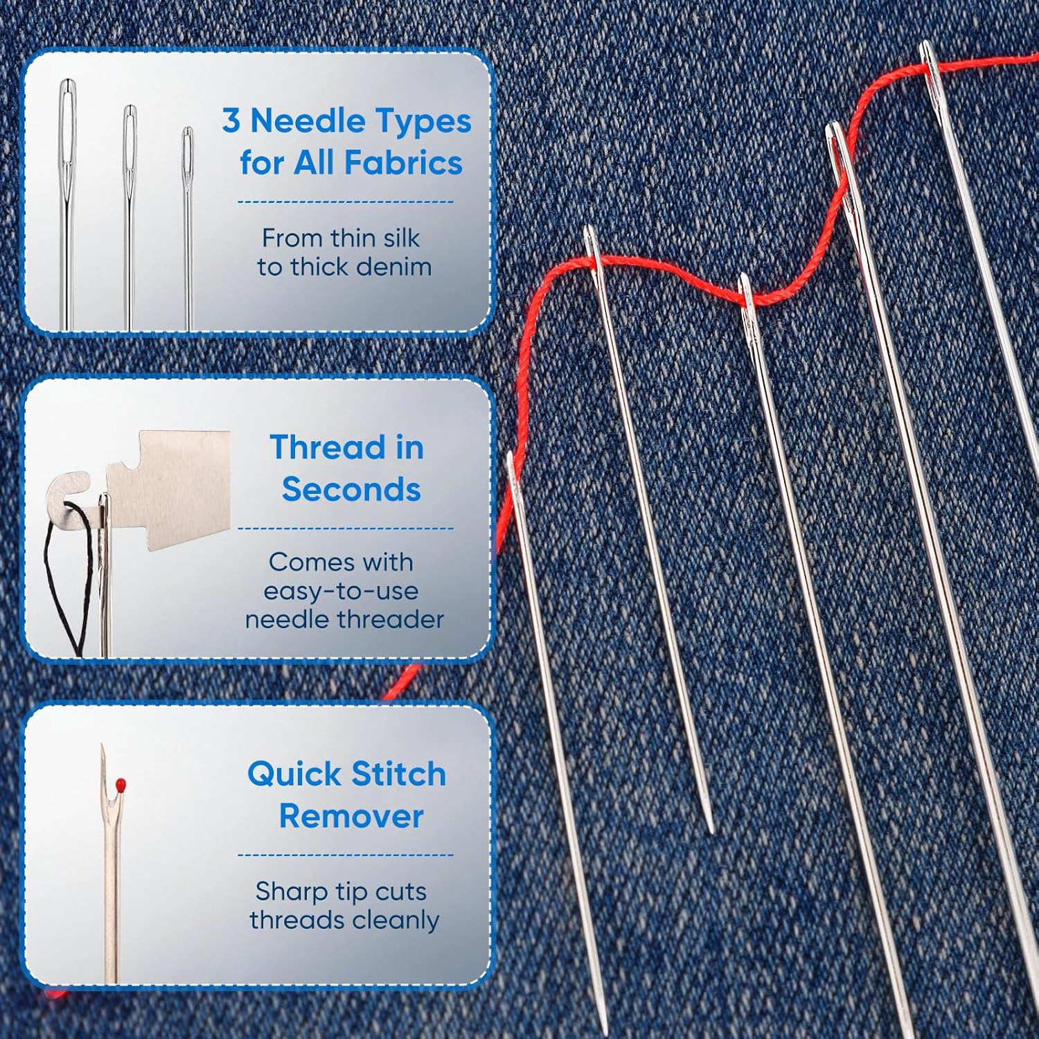 37PCS Large Eye Sewing Needles Kit – Stainless Steel Hand Sewing Needles Set with Needle Threader & Thimble for Easy Threading, Mending & DIY Sewing