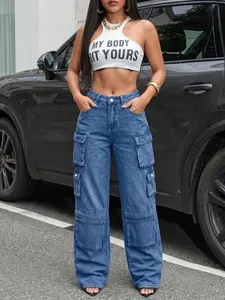 Women's High Waist Cargo Jeans Wide Leg Loose Fit Denim Pants with Multi Pockets Y2K Streetwear Casual Trousers cute