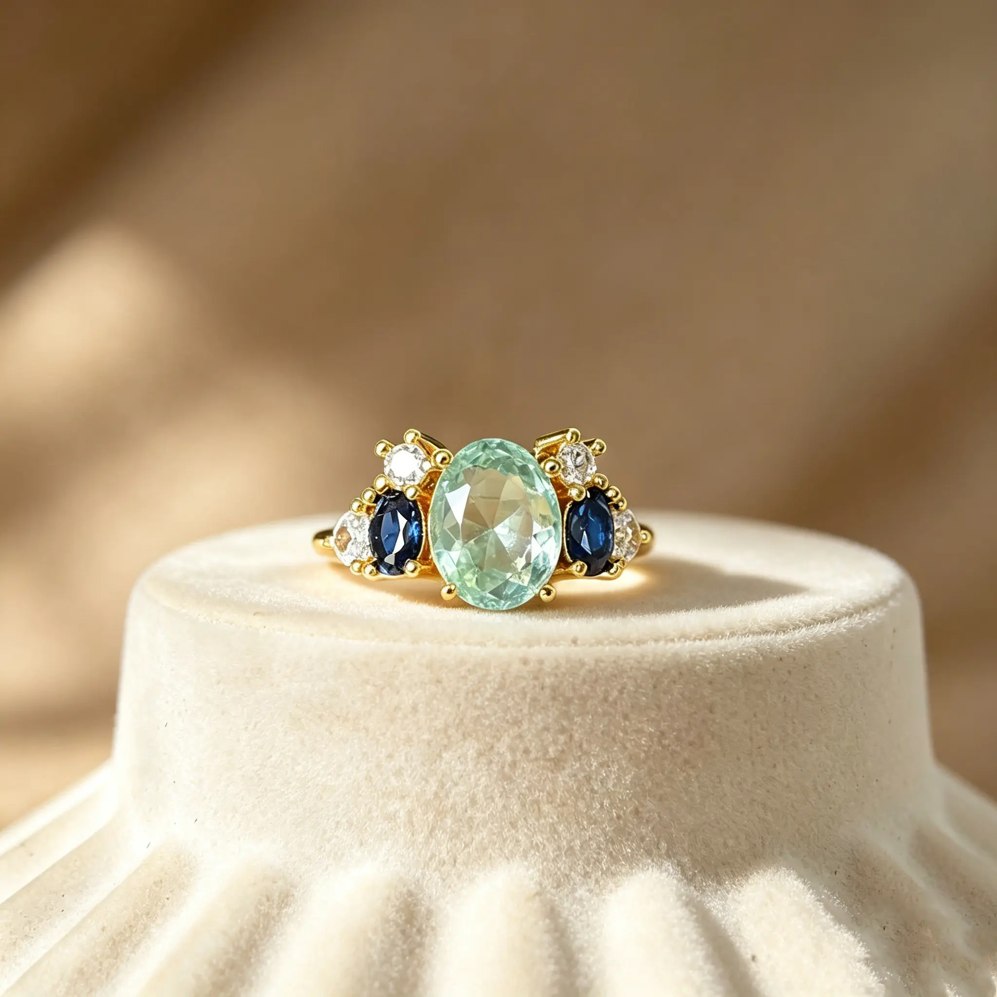 Victorian-Inspired Costume Ring with Synthetic Green-Blue Zircons, Layered Romantic Design, Luxury Accessory for Unique Piece Lovers