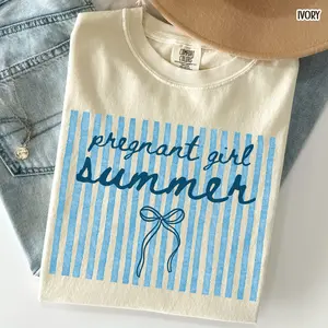 Comfort Colors® Summer Pregnancy Announcement Shirt Cute Bow Striped Baby Reveal Tee Summer Baby Shower Tee Maternity Gift New Mommy To Be