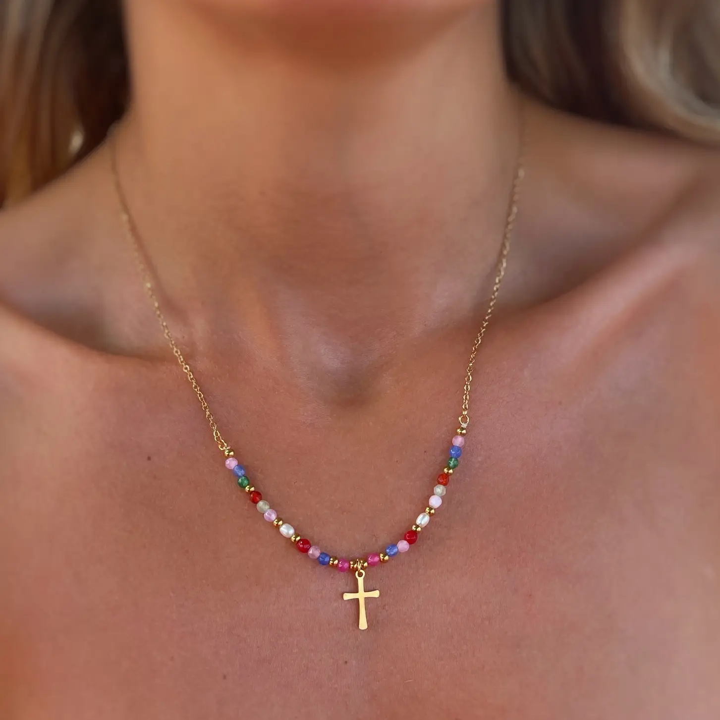 Tasiso Colorful Beaded Cross Necklace for Women 14K Gold/Silver Plated Dainty Adjustable Chain Trendy Religious Jewelry Gift