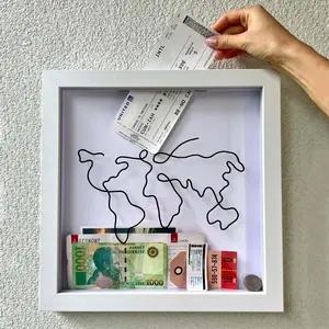 Travel Memory Shadow Box Frame, World Map Ticket Stub Holder, Wall Display Case for Concert Tickets, Travel Stamps, Photos, and Souvenirs