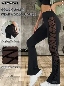 ‌1PC New Women's Tie-Waist Mesh Ventilated Sports Pants, High Waist Tummy Control Stretchy Athletic Fit Flare Leggings, Casual Wear for Home & Outdoor，Comfortable and Breathable
