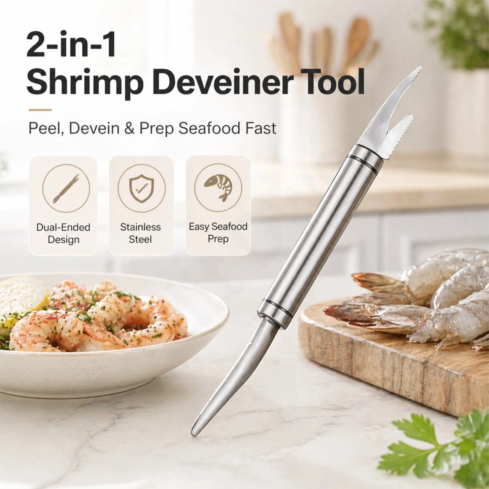 Dual Head Shrimp Deveiner Tool, Stainless Steel Shrimp Peeler and Deveiner Knife, 2-in-1 Seafood Cleaning Tool for Shrimp, Prawns, Fish Belly, Duck Intestine and Kitchen Prep
