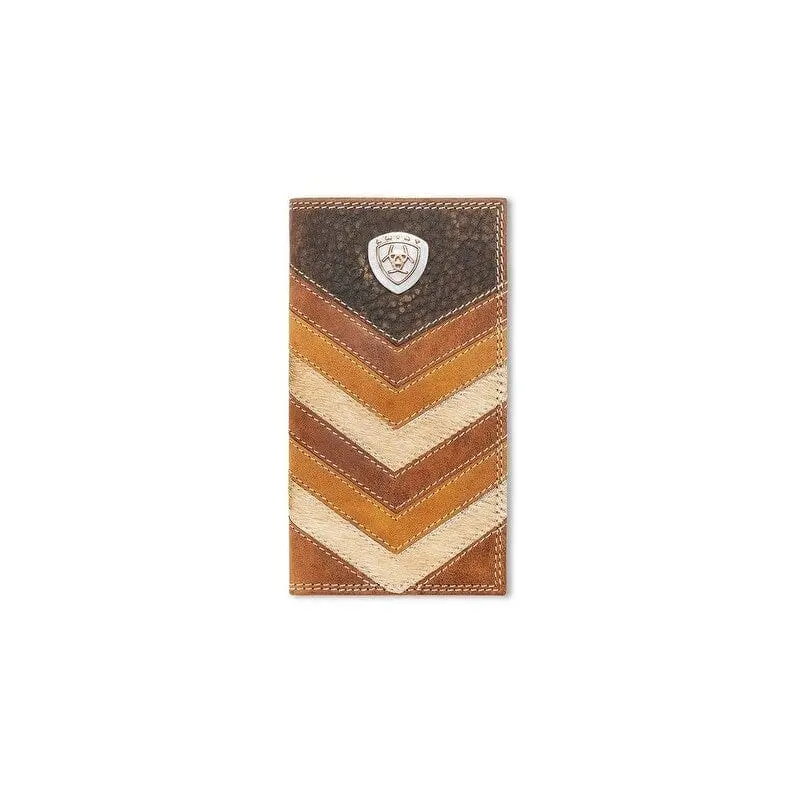 Men's Western Rodeo Wallet, Genuine Durable Leather with Calf Hair Chevron Pattern, Shield Concho, Multiple Cash Compartments & Checkbook Slot, Concho Design, Western Style