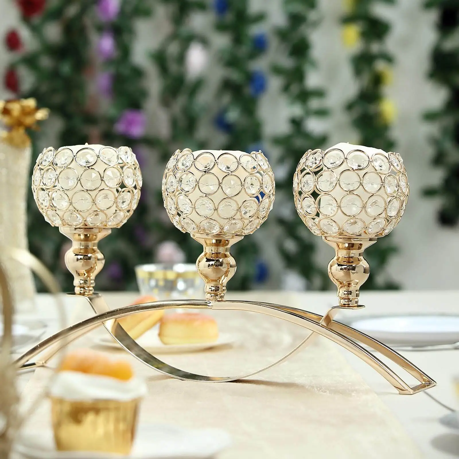 16" 3-Arm Gold Crystal Beaded Arch Bridge Candelabra, Gold Candle Holders, Stylish Home Decor Table Centerpiece for Upscale Weddings & Events