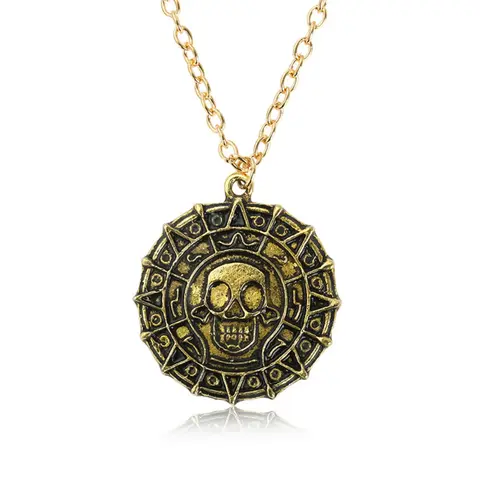 【JOYCE DESIGN】Unisex Retro Skull Pirate-Inspired Medallion Pendant Necklace, Silver-Plated Gold Chain & Link, Vintage Finish Round Pendant, Daily Punk and Edgy Style Jewelry Accessory