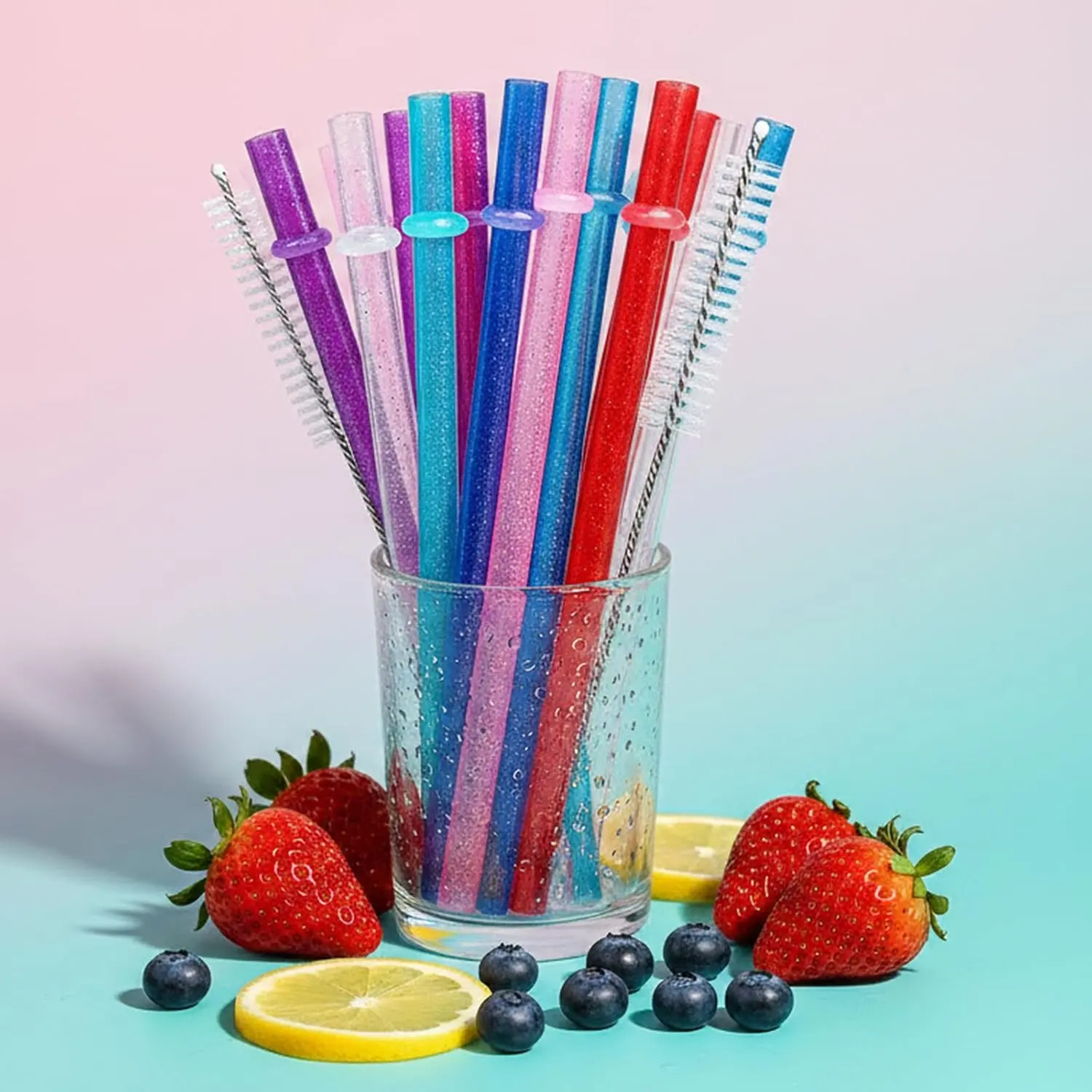 26PCS Reusable Glitter Plastic Straws Set with 2 Brushes